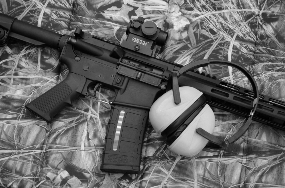 Black and White Image of AR and Ear Pro