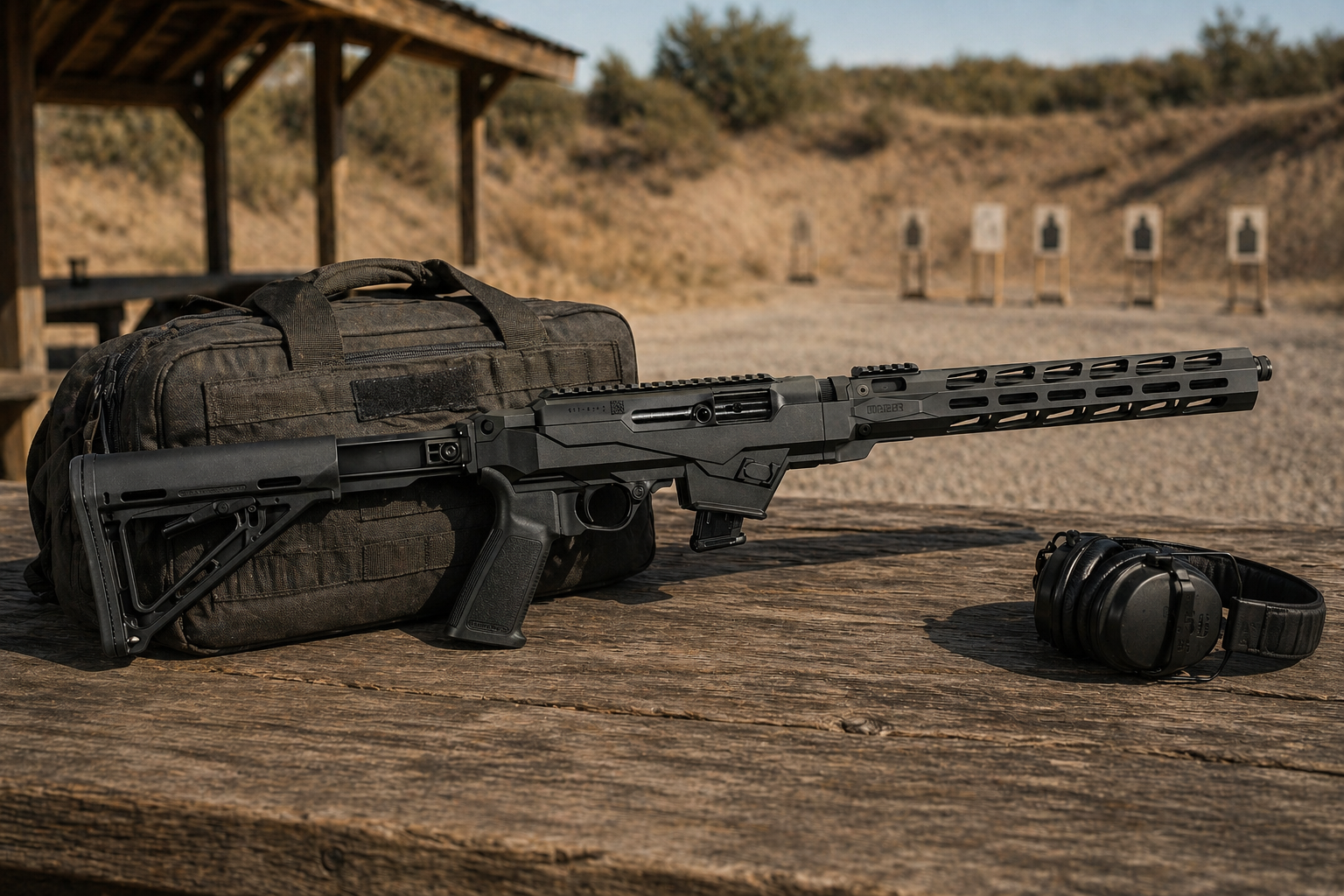 Ruger PC Carbine on shooting bench with range gear